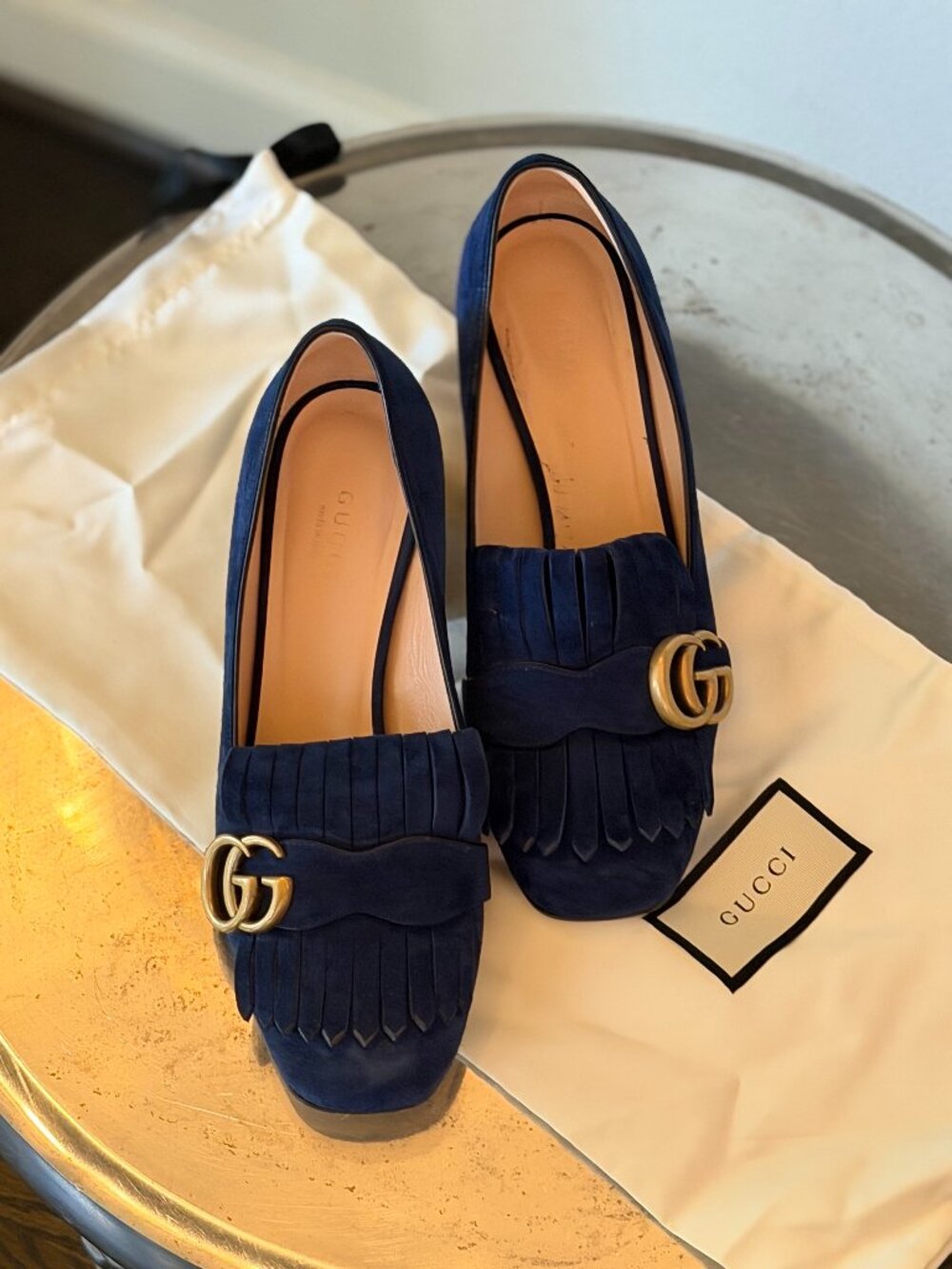 Gucci Kid Scamosciato GG Marmont Fringe 50mm Loafer Pumps 37 Navy - Picture 2 of 11